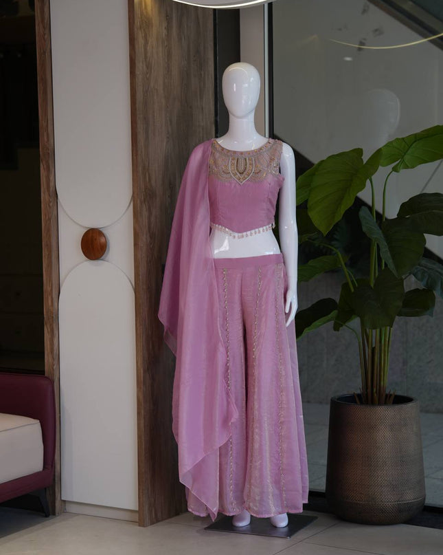 Viscose Satin Embroidered Top & Rangoli Crush Palazzo Set - Rosepetals Luxe