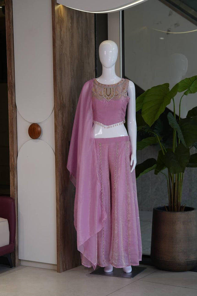 Viscose Satin Embroidered Top & Rangoli Crush Palazzo Set - Rosepetals Luxe
