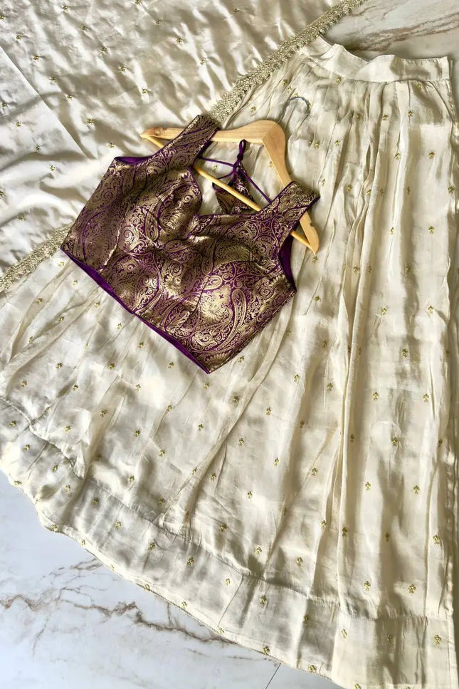 Viscose Zari Tissue Silk Lehenga Choli Set | Banarasi Zari Blouse & Embroidered Dupatta | Onam & Wedding Wear - Rosepetals Luxe