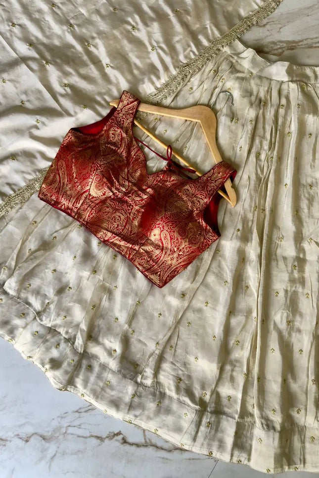 Viscose Zari Tissue Silk Lehenga Choli Set | Banarasi Zari Blouse & Embroidered Dupatta | Onam & Wedding Wear - Rosepetals Luxe