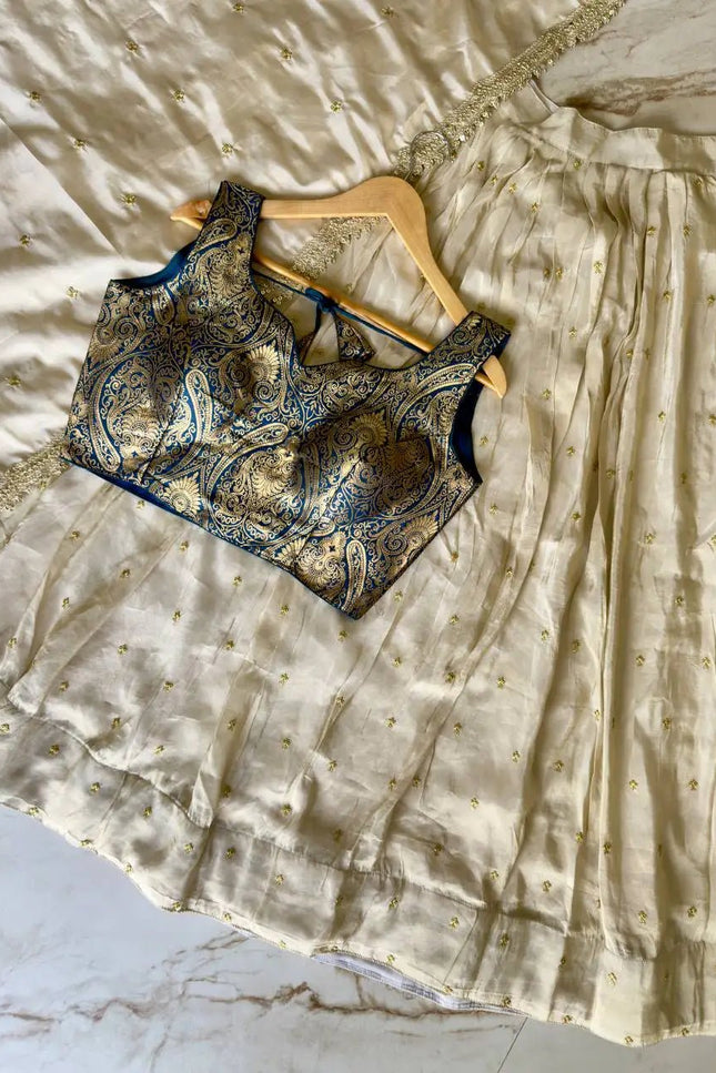 Viscose Zari Tissue Silk Lehenga Choli Set | Banarasi Zari Blouse & Embroidered Dupatta | Onam & Wedding Wear - Rosepetals Luxe