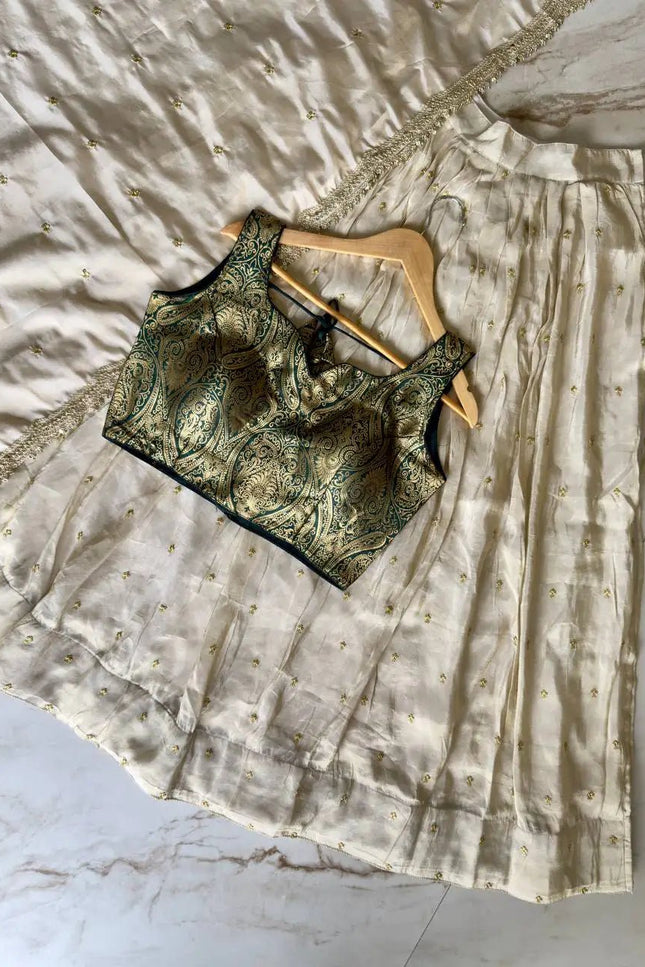 Viscose Zari Tissue Silk Lehenga Choli Set | Banarasi Zari Blouse & Embroidered Dupatta | Onam & Wedding Wear - Rosepetals Luxe