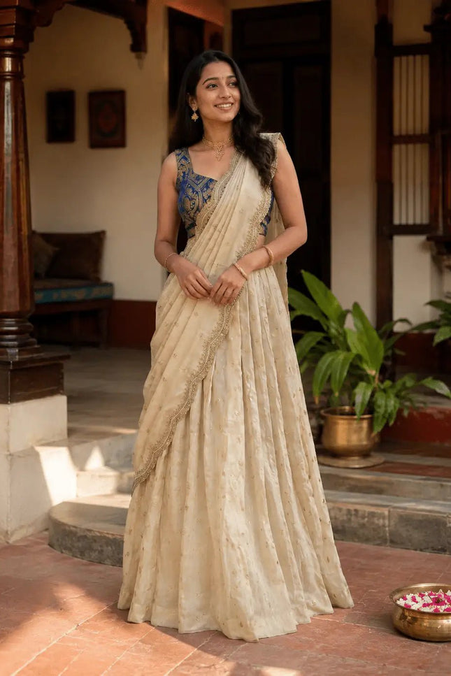 Viscose Zari Tissue Silk Lehenga Choli Set | Banarasi Zari Blouse & Embroidered Dupatta | Onam & Wedding Wear - Rosepetals Luxe