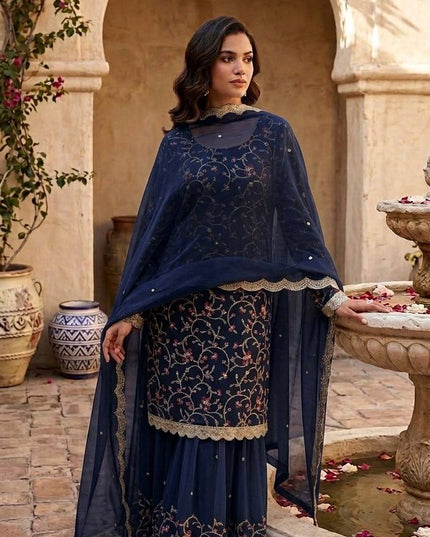 Wedding & Festive Georgette Sharara Set | Sequins, Thread & Zari Embroidery with Dupatta - Rosepetals Luxe