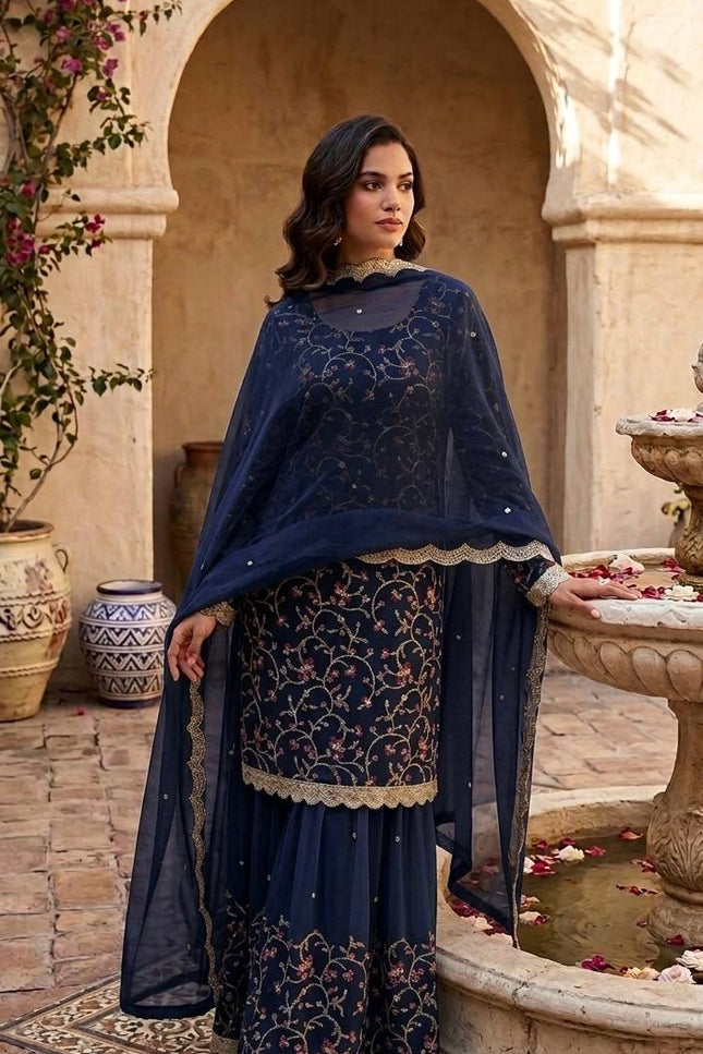Wedding & Festive Georgette Sharara Set | Sequins, Thread & Zari Embroidery with Dupatta - Rosepetals Luxe