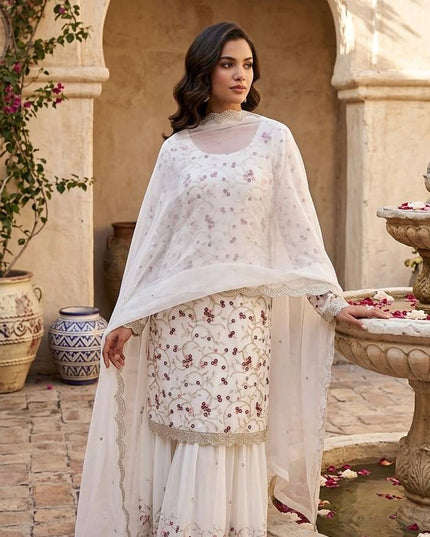 Wedding & Festive Georgette Sharara Set | Sequins, Thread & Zari Embroidery with Dupatta - Rosepetals Luxe