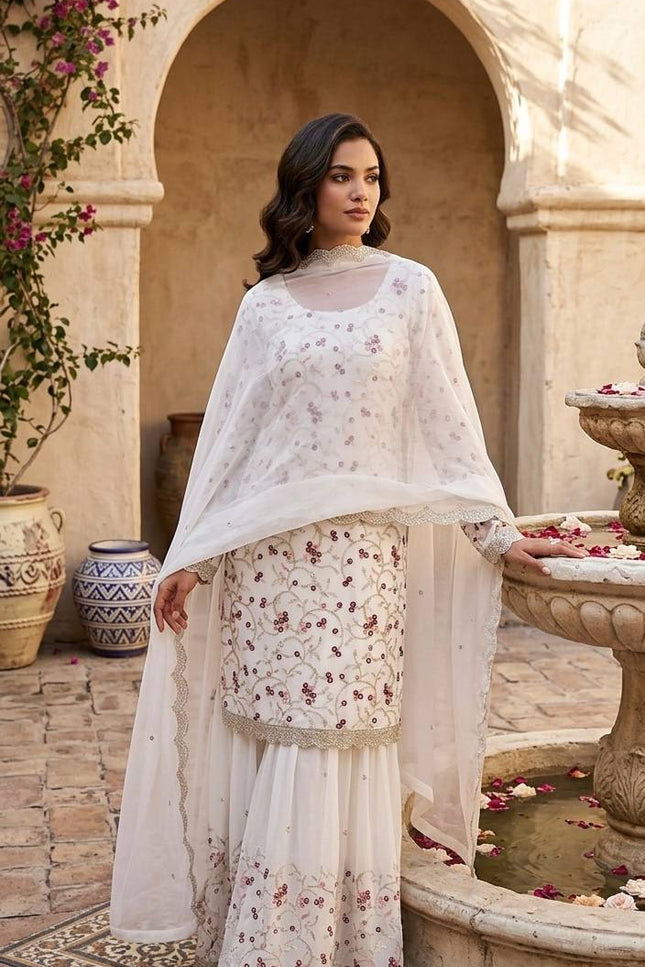 Wedding & Festive Georgette Sharara Set | Sequins, Thread & Zari Embroidery with Dupatta - Rosepetals Luxe