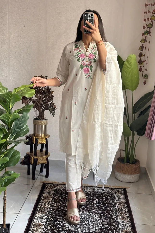 White Khadi Cotton Embroidery Kurti Pant Dupatta Set | 3-Piece Ethnic Wear - Rosepetals Luxe