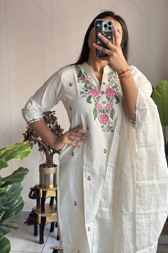 White Khadi Cotton Embroidery Kurti Pant Dupatta Set | 3-Piece Ethnic Wear - Rosepetals Luxe