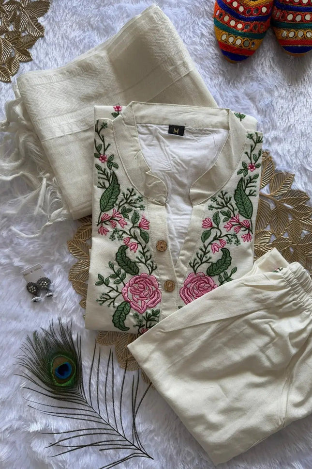 White Khadi Cotton Embroidery Kurti Pant Dupatta Set | 3-Piece Ethnic Wear - Rosepetals Luxe