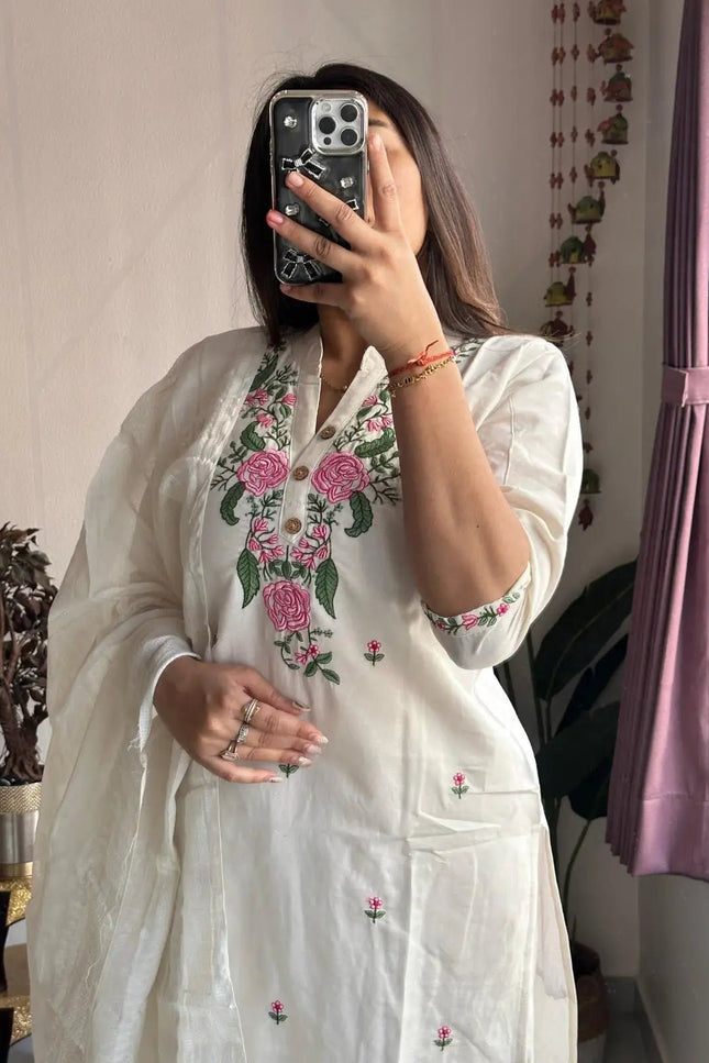 White Khadi Cotton Embroidery Kurti Pant Dupatta Set | 3-Piece Ethnic Wear - Rosepetals Luxe