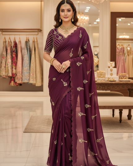 Wine Purple Saree - Front