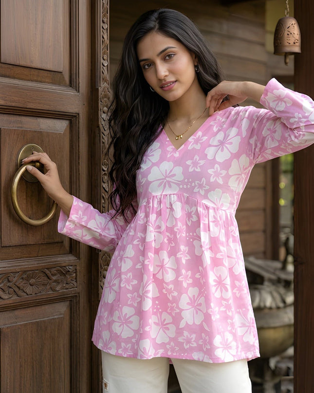 Woman Cotton Fancy Flared Short Kurti & Tunic Top | Perfect Blend of Simplicity & Style - Rosepetals Luxe