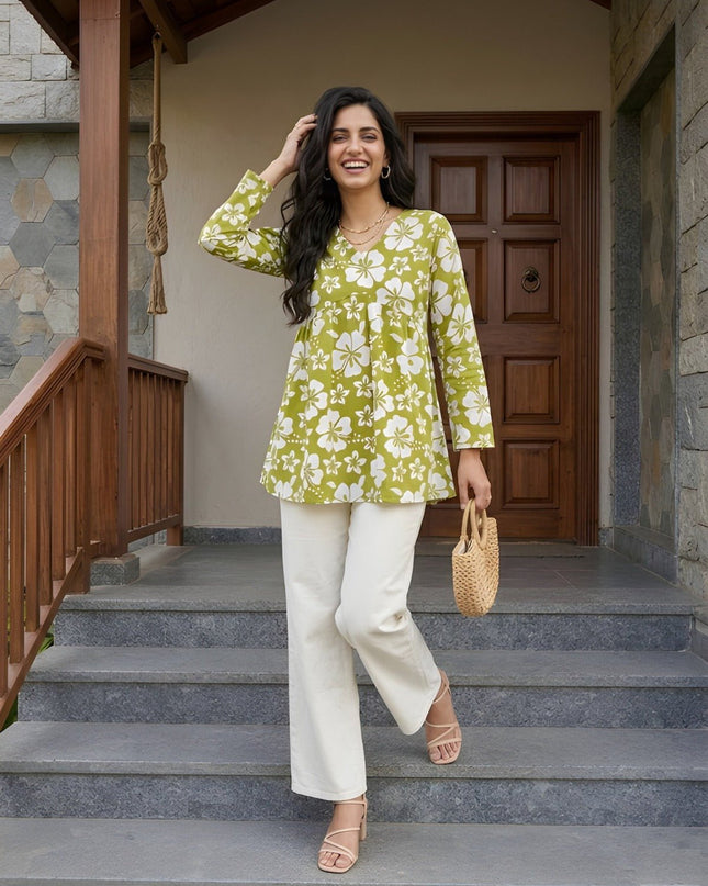 Woman Cotton Fancy Flared Short Kurti & Tunic Top | Perfect Blend of Simplicity & Style - Rosepetals Luxe