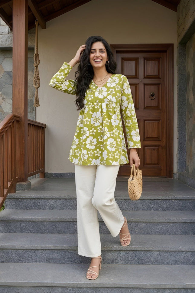 Woman Cotton Fancy Flared Short Kurti & Tunic Top | Perfect Blend of Simplicity & Style - Rosepetals Luxe