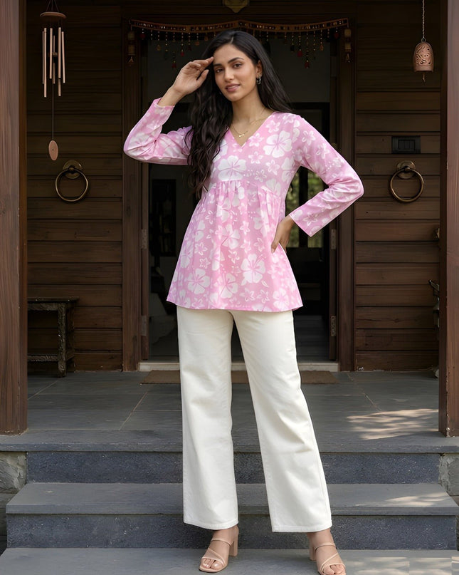 Woman Cotton Fancy Flared Short Kurti & Tunic Top | Perfect Blend of Simplicity & Style - Rosepetals Luxe