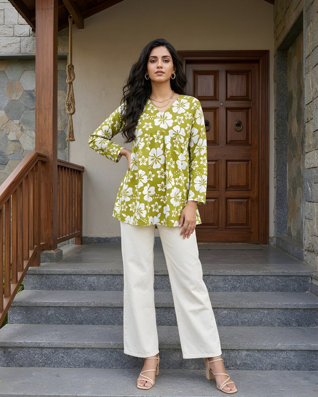 Woman Cotton Fancy Flared Short Kurti & Tunic Top | Perfect Blend of Simplicity & Style - Rosepetals Luxe