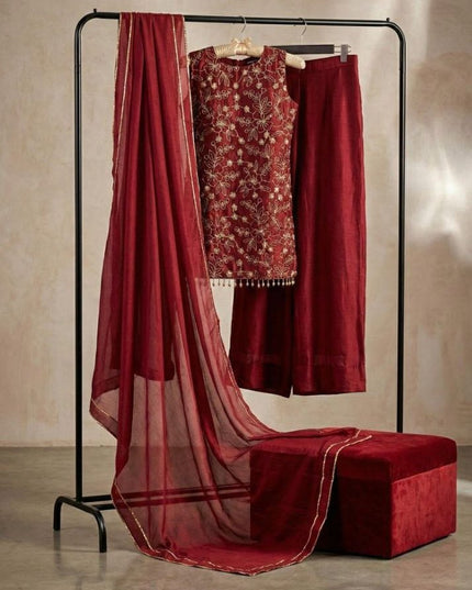 Women's Chinnon Silk Embroidered A-Line Kurta Set with Dupatta | Festive & Wedding Ethnic Wear - Rosepetals Luxe