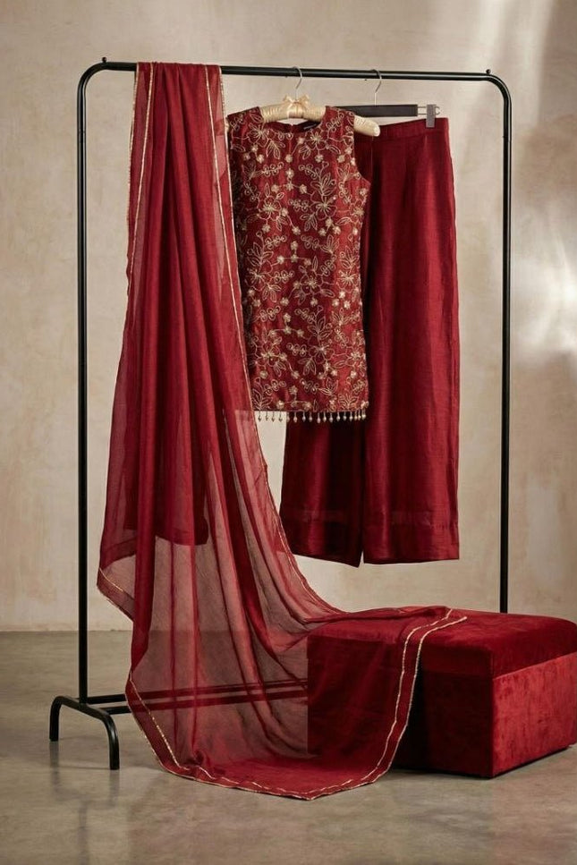 Women's Chinnon Silk Embroidered A-Line Kurta Set with Dupatta | Festive & Wedding Ethnic Wear - Rosepetals Luxe