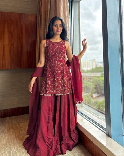 Women's Chinnon Silk Embroidered A-Line Kurta Set with Dupatta | Festive & Wedding Ethnic Wear - Rosepetals Luxe