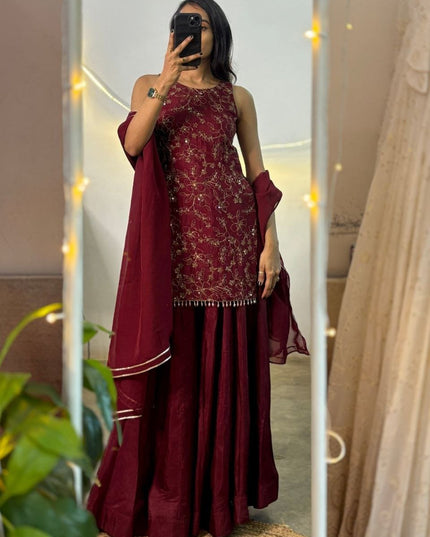 Women's Chinnon Silk Embroidered A-Line Kurta Set with Dupatta | Festive & Wedding Ethnic Wear - Rosepetals Luxe