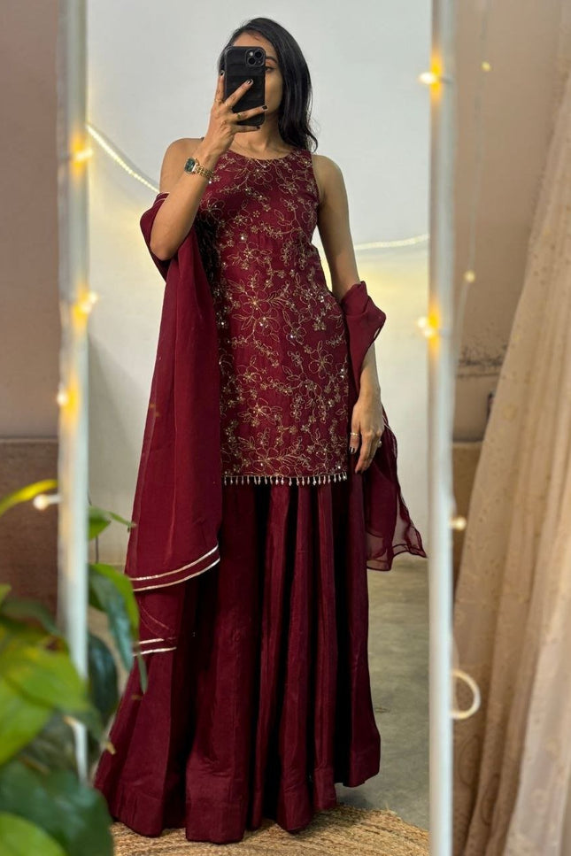 Women's Chinnon Silk Embroidered A-Line Kurta Set with Dupatta | Festive & Wedding Ethnic Wear - Rosepetals Luxe