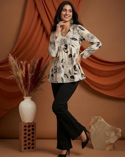Women's Cotton Fancy Flared Short Kurti | Floral Printed Full Sleeve V - Neck Tunic Top - Rosepetals Luxe
