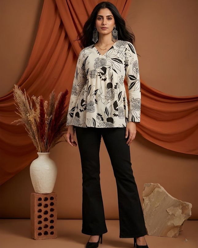 Women's Cotton Fancy Flared Short Kurti | Floral Printed Full Sleeve V - Neck Tunic Top - Rosepetals Luxe