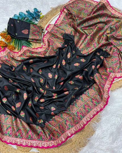 Wool Saree with Contrast Embroidery & Running Blouse - Rosepetals Luxe