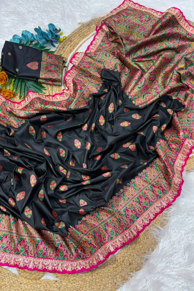 Wool Saree with Contrast Embroidery & Running Blouse - Rosepetals Luxe