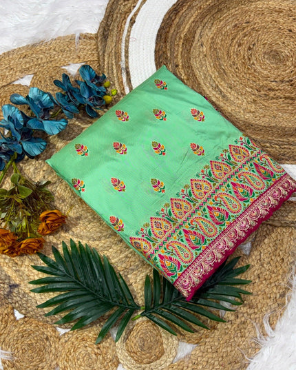 Wool Saree with Contrast Embroidery & Running Blouse - Rosepetals Luxe