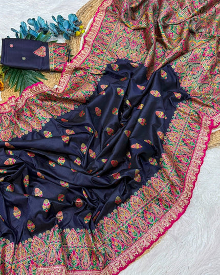 Wool Saree with Contrast Embroidery & Running Blouse - Rosepetals Luxe