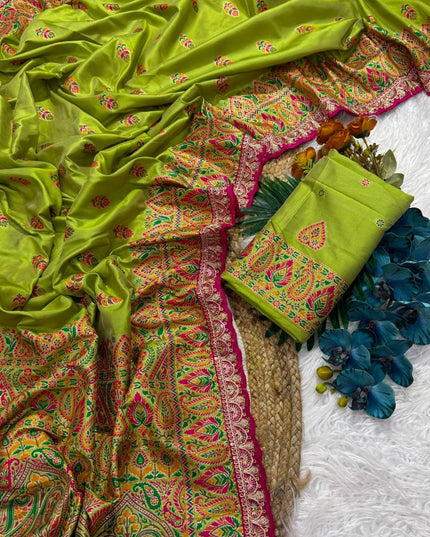 Wool Saree with Contrast Embroidery & Running Blouse - Rosepetals Luxe