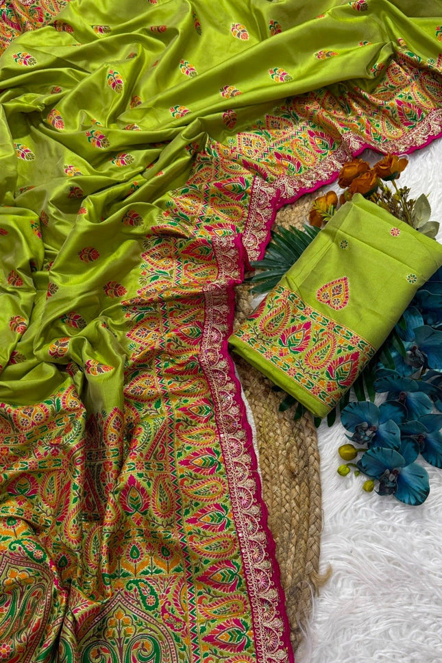 Wool Saree with Contrast Embroidery & Running Blouse - Rosepetals Luxe