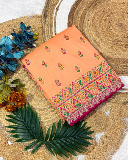 Wool Saree with Contrast Embroidery & Running Blouse - Rosepetals Luxe