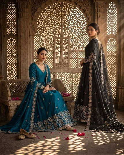 Trending Designer Fancy Satin Silk Gown with Pant and Dupatta Set