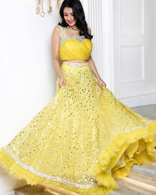 Yellow Georgette Lehenga Choli with Zari & Foil Work | Net Ruffle Border | Semi - Stitched - Rosepetals Luxe