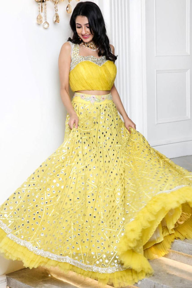 Yellow Georgette Lehenga Choli with Zari & Foil Work | Net Ruffle Border | Semi - Stitched - Rosepetals Luxe