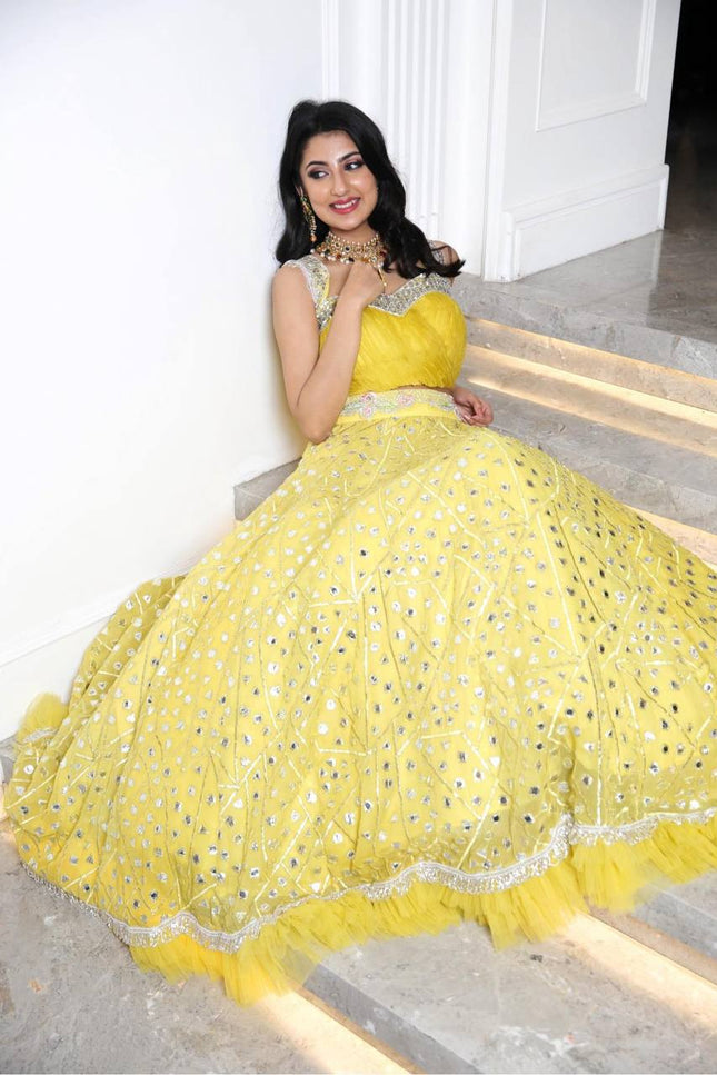 Yellow Georgette Lehenga Choli with Zari & Foil Work | Net Ruffle Border | Semi - Stitched - Rosepetals Luxe