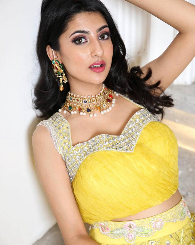 Yellow Georgette Lehenga Choli with Zari & Foil Work | Net Ruffle Border | Semi - Stitched - Rosepetals Luxe