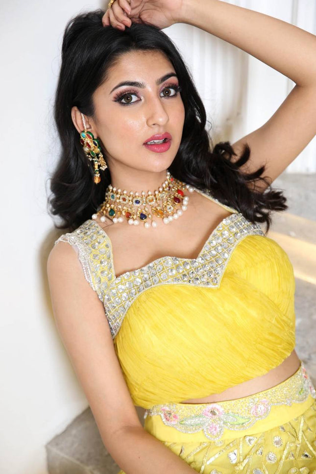 Yellow Georgette Lehenga Choli with Zari & Foil Work | Net Ruffle Border | Semi - Stitched - Rosepetals Luxe