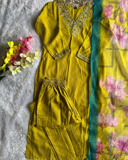 Yellow Rayon Slub Embroidery Kurti Pant Dupatta Set | Chanderi Digital Print Dupatta with Latkan - Rosepetals Luxe