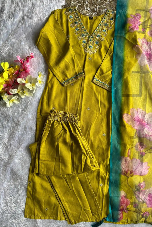Yellow Rayon Slub Embroidery Kurti Pant Dupatta Set | Chanderi Digital Print Dupatta with Latkan - Rosepetals Luxe
