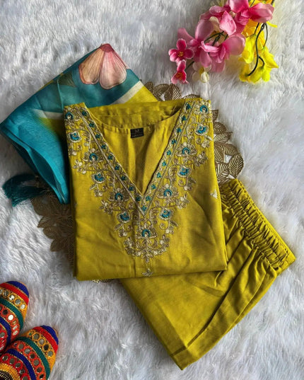 Yellow Rayon Slub Embroidery Kurti Pant Dupatta Set | Chanderi Digital Print Dupatta with Latkan - Rosepetals Luxe
