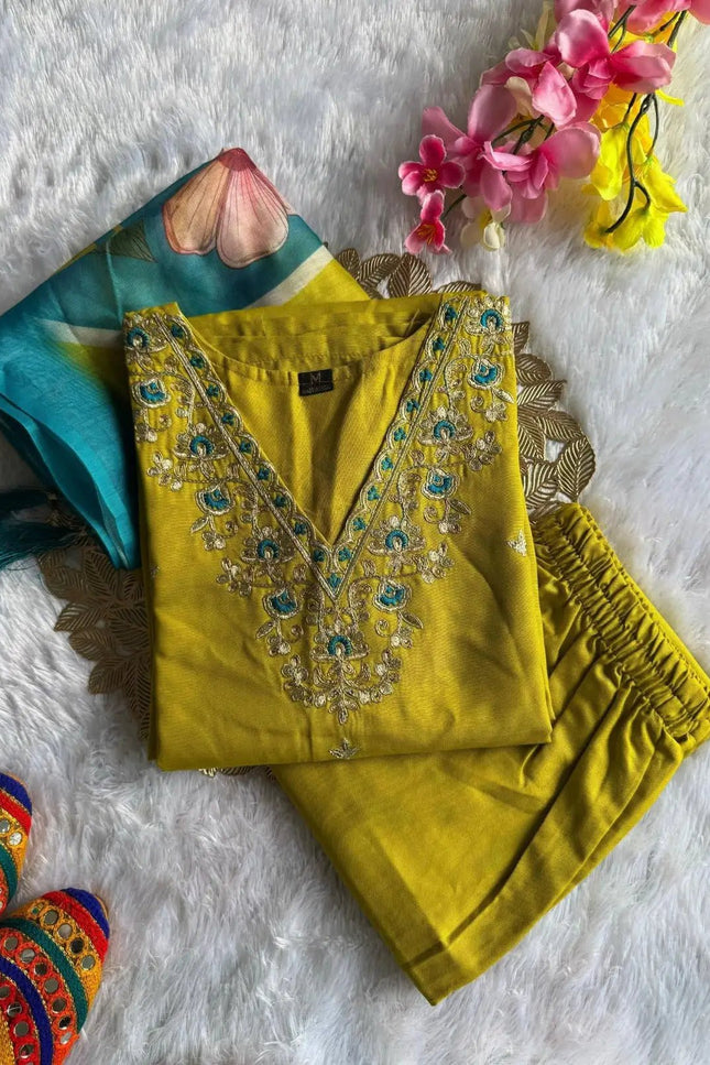 Yellow Rayon Slub Embroidery Kurti Pant Dupatta Set | Chanderi Digital Print Dupatta with Latkan - Rosepetals Luxe