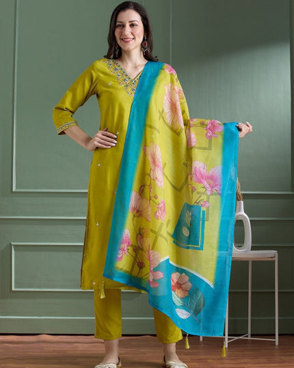 Yellow Rayon Slub Embroidery Kurti Pant Dupatta Set | Chanderi Digital Print Dupatta with Latkan - Rosepetals Luxe