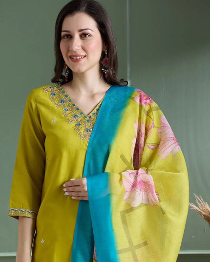 Yellow Rayon Slub Embroidery Kurti Pant Dupatta Set | Chanderi Digital Print Dupatta with Latkan - Rosepetals Luxe