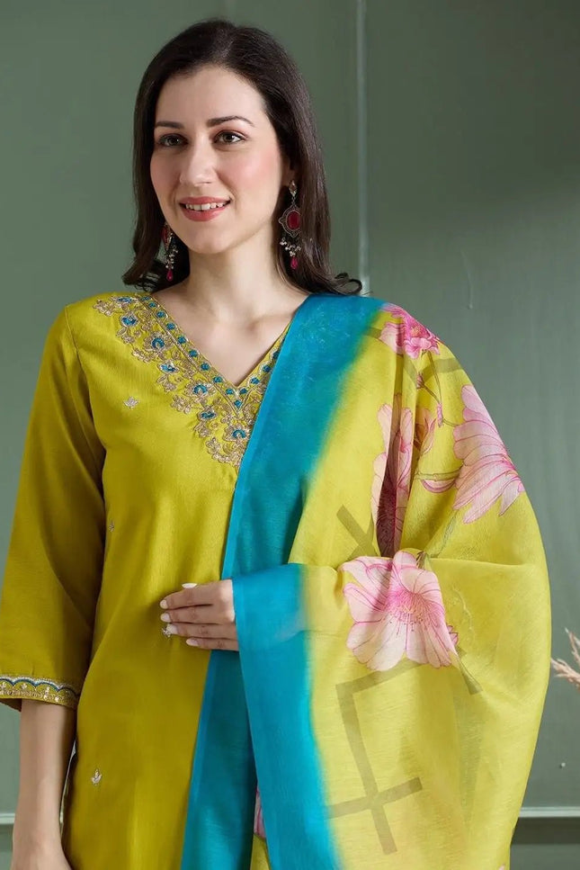 Yellow Rayon Slub Embroidery Kurti Pant Dupatta Set | Chanderi Digital Print Dupatta with Latkan - Rosepetals Luxe