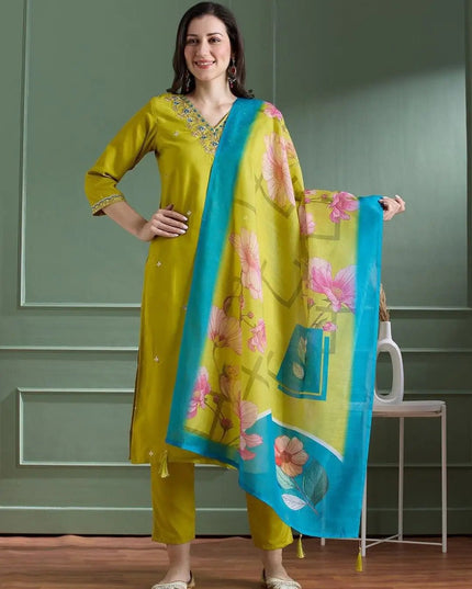 Yellow Rayon Slub Embroidery Kurti Pant Dupatta Set | Chanderi Digital Print Dupatta with Latkan - Rosepetals Luxe