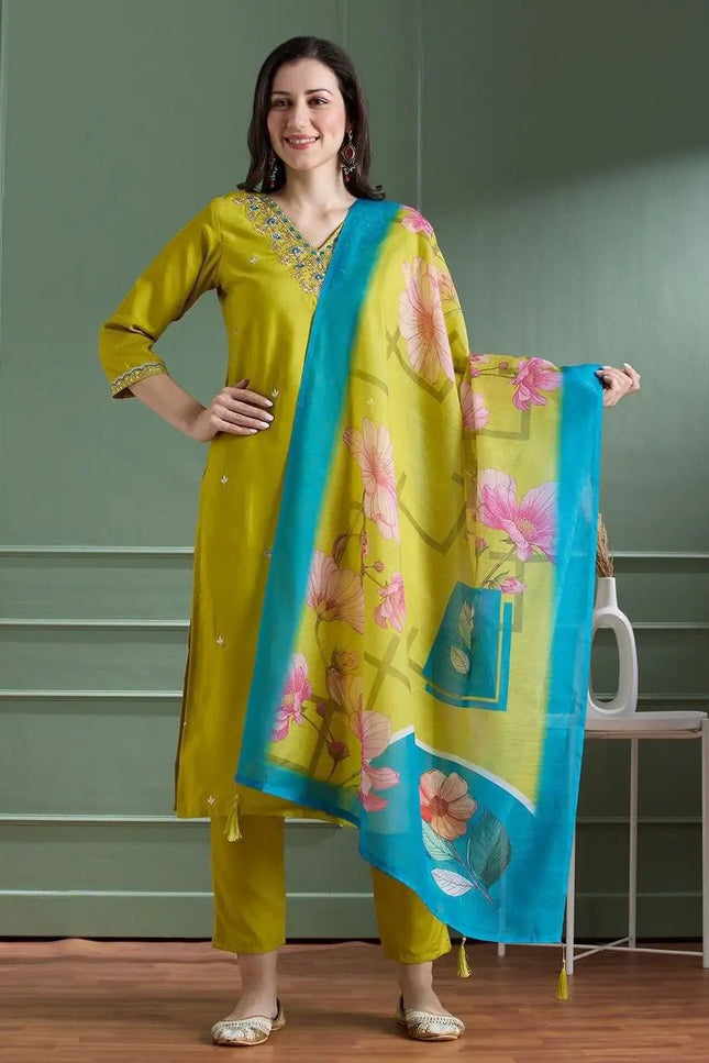 Yellow Rayon Slub Embroidery Kurti Pant Dupatta Set | Chanderi Digital Print Dupatta with Latkan - Rosepetals Luxe